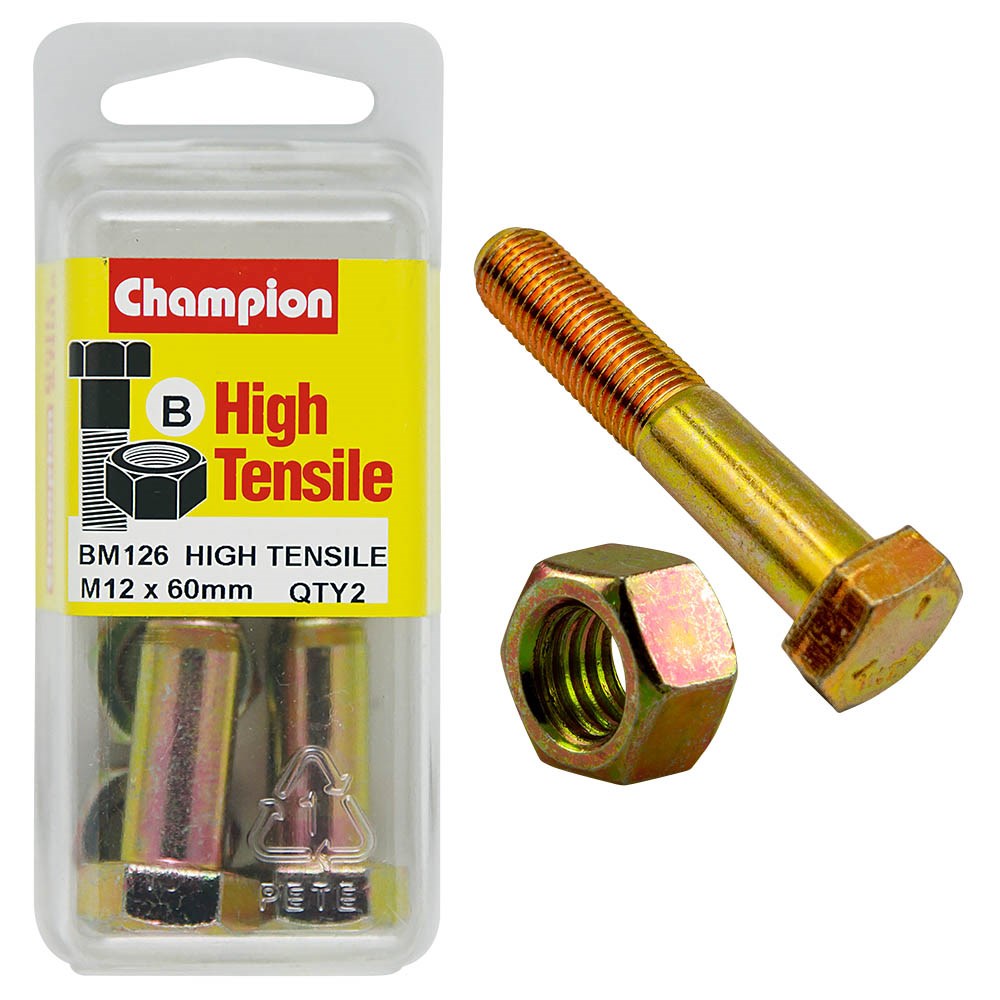 Champion Pack of 2 (2x Zinc Plated Hex Bolts, 2x Nuts) M12 x 60mm High Tensile Grade 8.8 - BM126