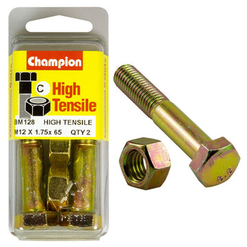 Champion Pack of 2 (2x Zinc Plated Hex Bolts, 2x Nuts) M12 x 65mm High Tensile Grade 8.8 - BM128