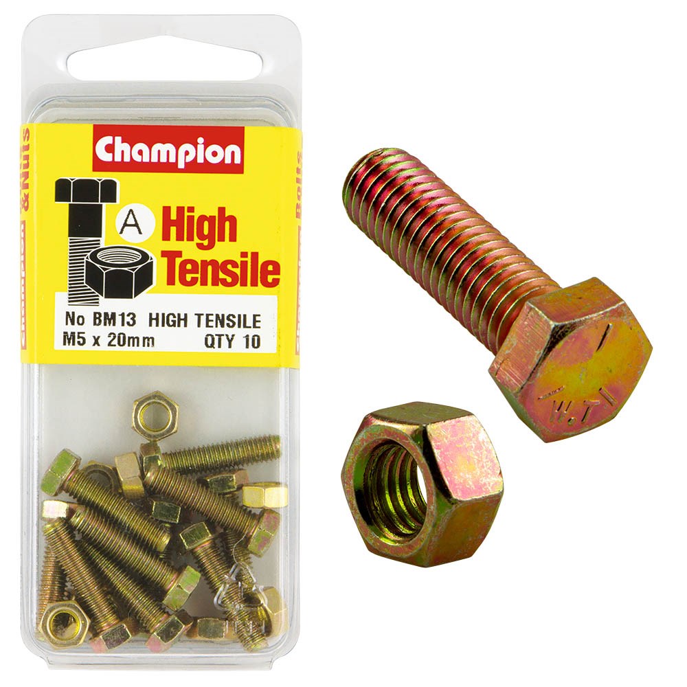 Champion Pack of 10 (10x Hex Set Screws, 10x Nuts) M5 x 16mm High Tensile Grade 8.8, Zinc Plated  - BM13