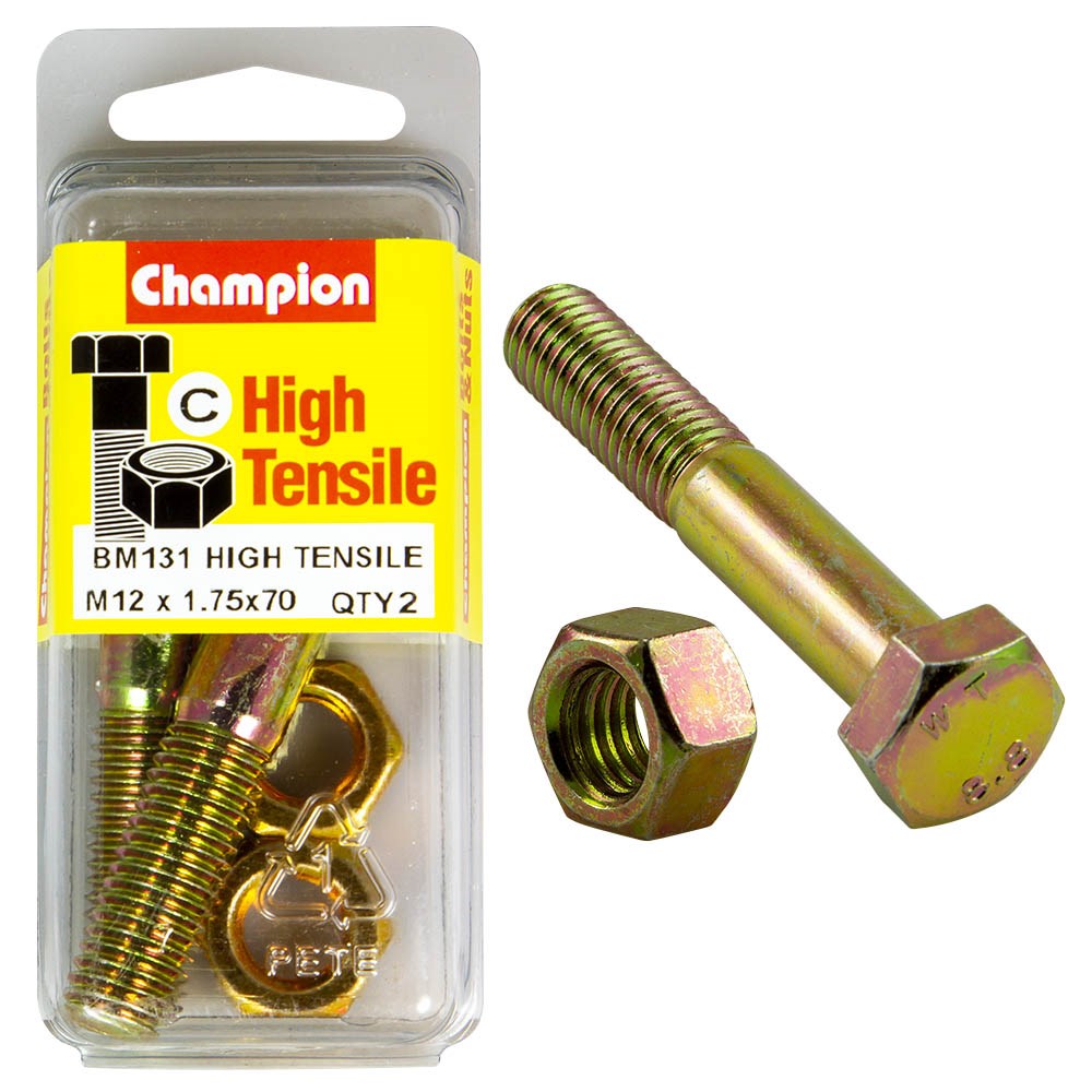 Champion Pack of 2 (2x Zinc Plated Hex Bolts, 2x Nuts) M12 x 70mm High Tensile Grade 8.8 - BM131