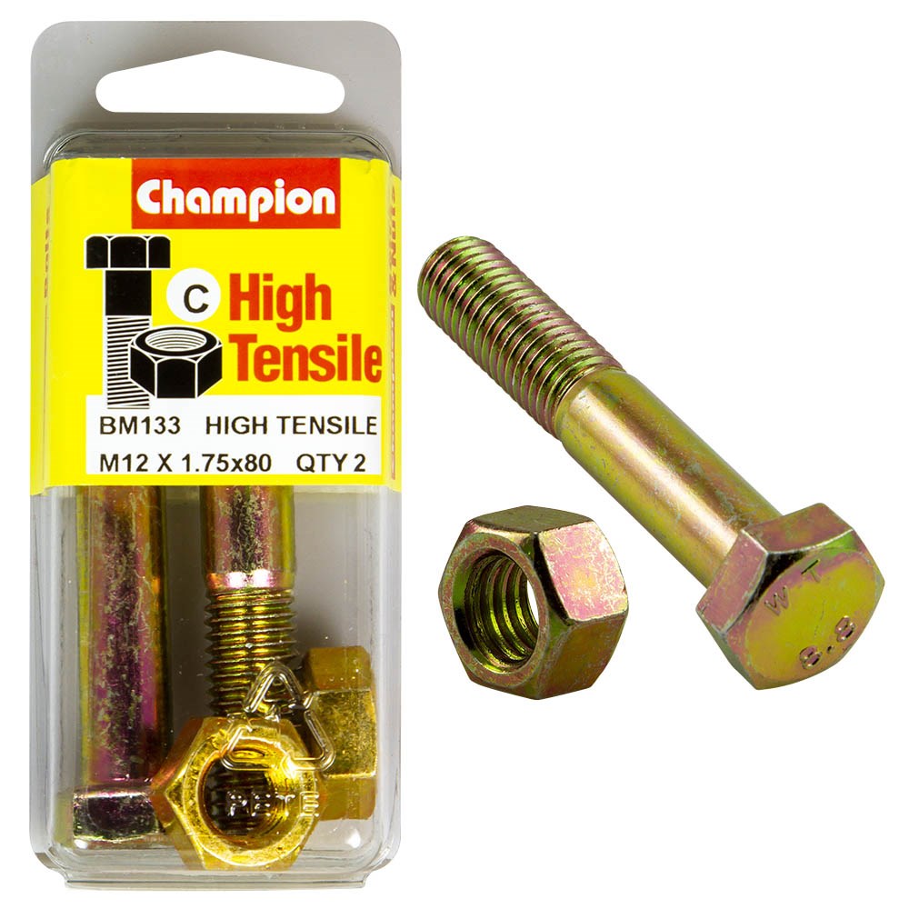 Champion Pack of 2 (2x Zinc Plated Hex Bolts, 2x Nuts) M12 x 80mm High Tensile Grade 8.8 - BM133