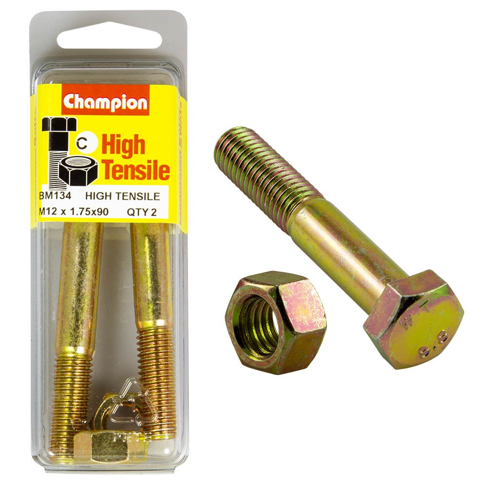 Champion Pack of 2 (2x Zinc Plated Hex Bolts, 2x Nuts) M12 x 90mm High Tensile Grade 8.8 - BM134