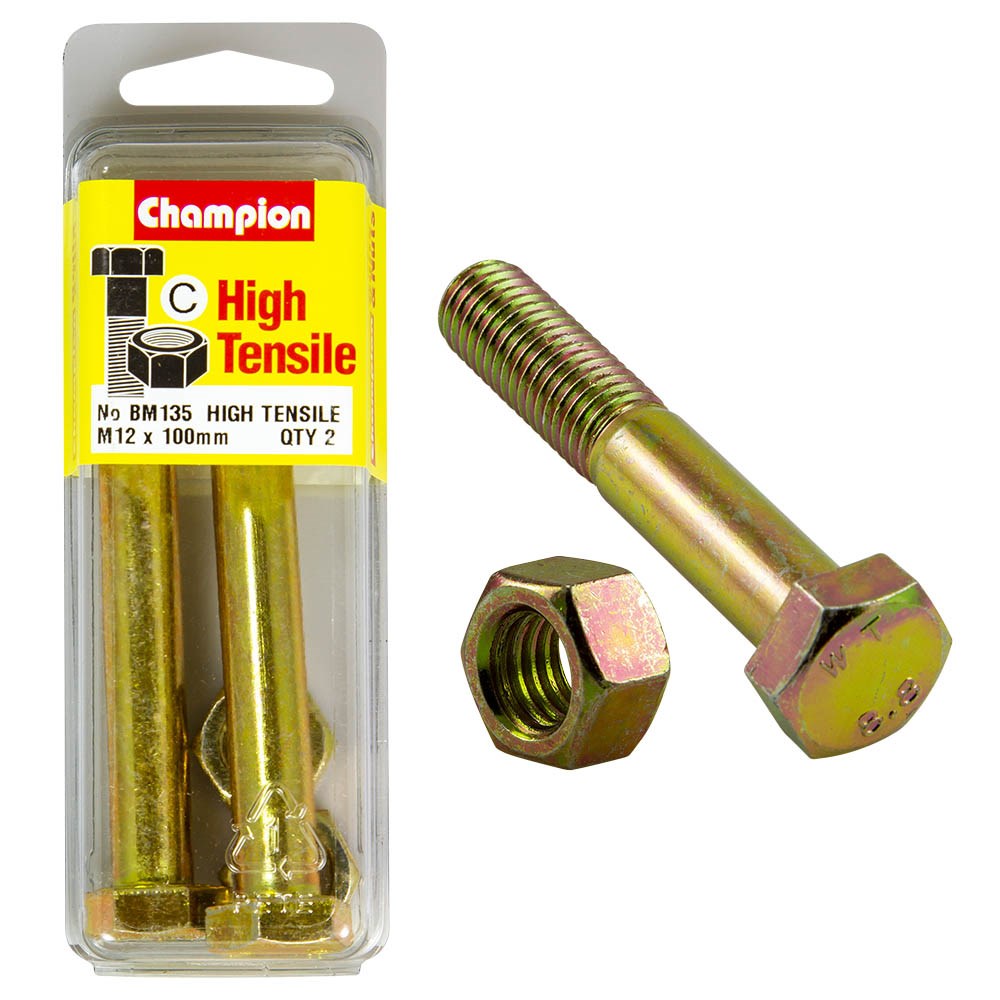 Champion Pack of 2 (2x Zinc Plated Hex Bolts, 2x Nuts) M12 x 100mm High Tensile Grade 8.8 - BM135