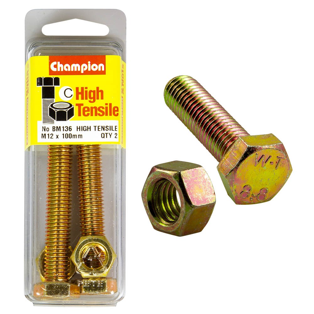 Champion Pack of 2 (2x Hex Set Screws, 2x Nuts) M12 x 100mm High Tensile Grade 8.8, Zinc Plated  - BM136