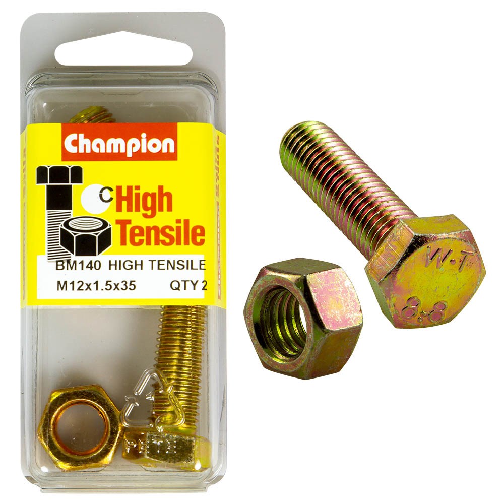 Champion Pack of 2 (2x Hex Set Screws, 2x Nuts) M12 x 35 x 1.5mm High Tensile Grade 8.8, Zinc Plated  - BM140