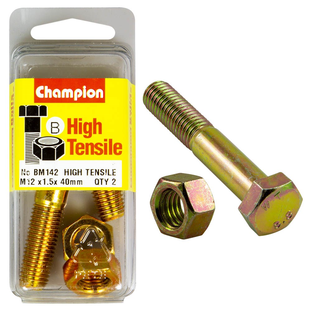 Champion Pack of 2 (2x Zinc Plated Hex Bolts, 2x Nuts) M12 x 40 x 1.5mm High Tensile Grade 8.8 - BM142