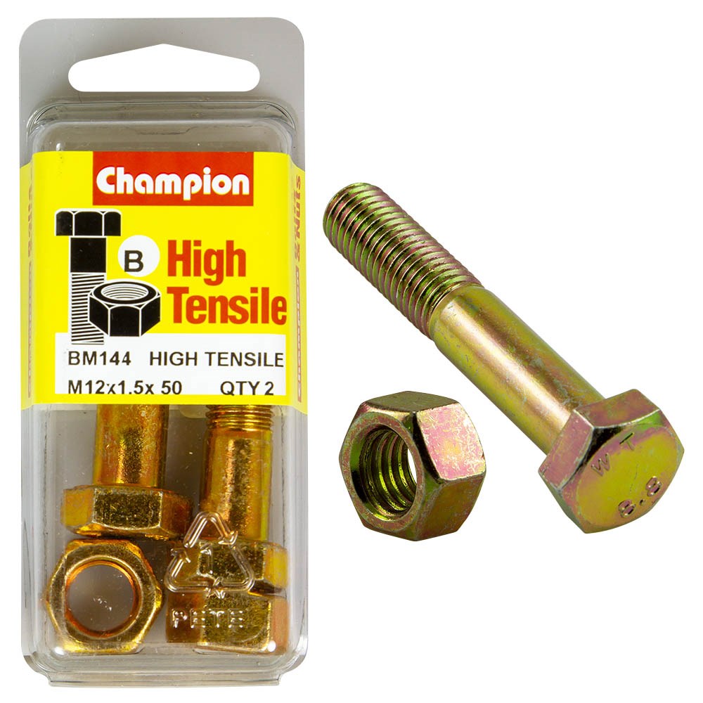 Champion Pack of 2 (2x Zinc Plated Hex Bolts, 2x Nuts) M12 x 50 x 1.5mm High Tensile Grade 8.8 - BM144