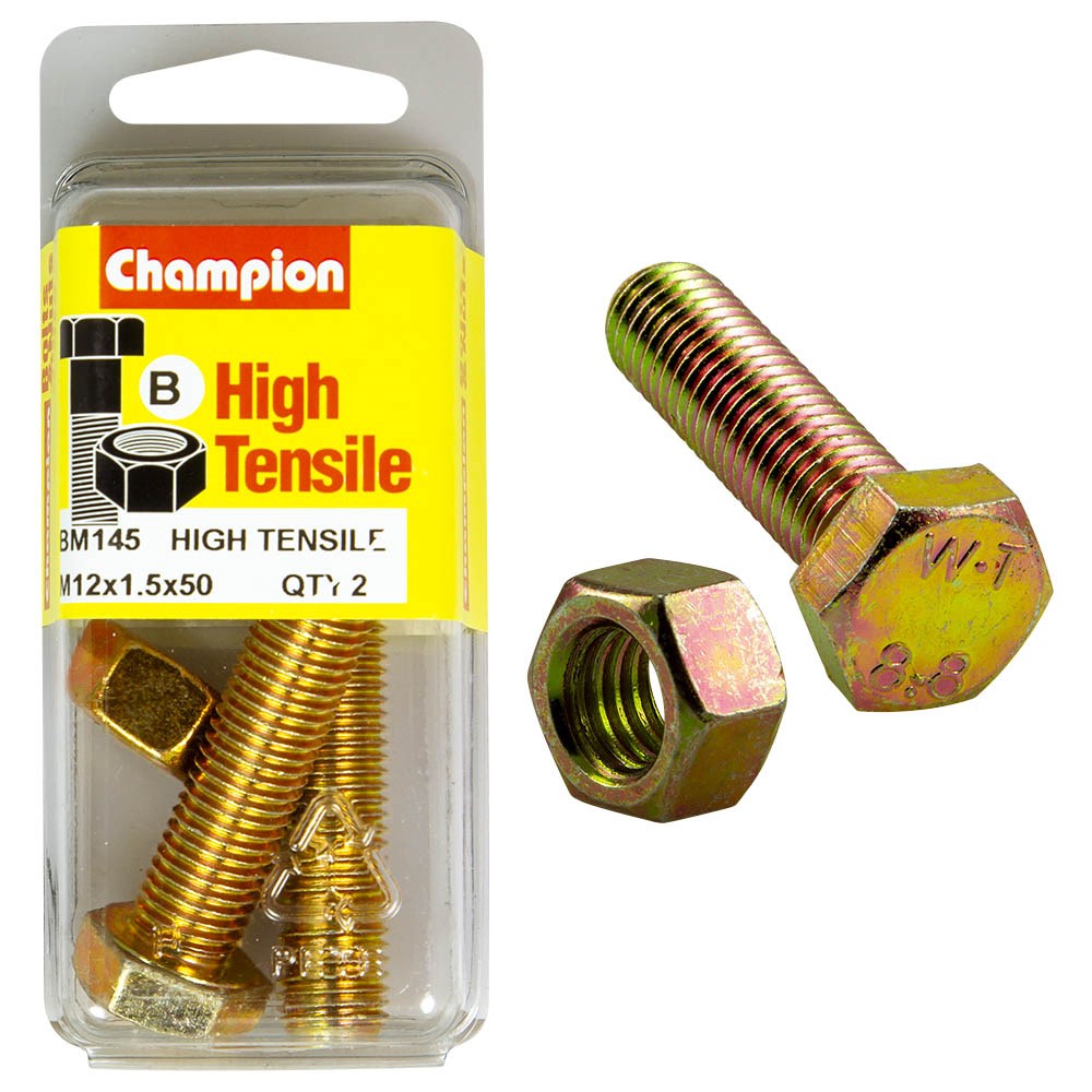 Champion Pack of 2 (2x Hex Set Screws, 2x Nuts) M12 x 50 x 1.5mm High Tensile Grade 8.8, Zinc Plated  - BM145