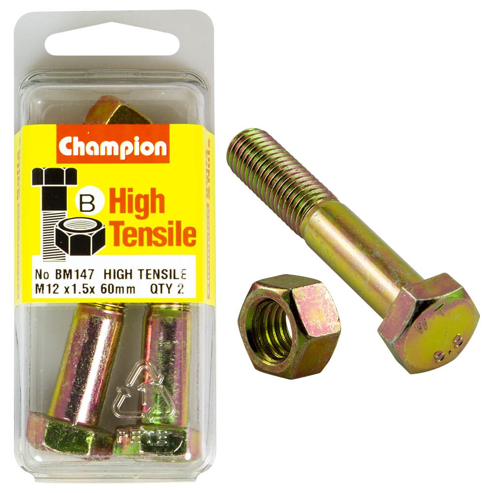 Champion Pack of 2 (2x Zinc Plated Hex Bolts, 2x Nuts) M12 x 60 x 1.5mm High Tensile Grade 8.8 - BM147