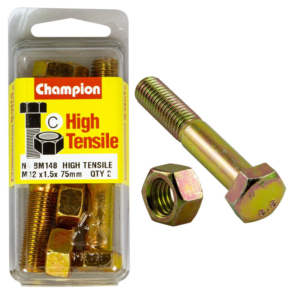 Champion Pack of 2 (2x Zinc Plated Hex Bolts, 2x Nuts) M12 x 75 x 1.5mm High Tensile Grade 8.8 - BM148