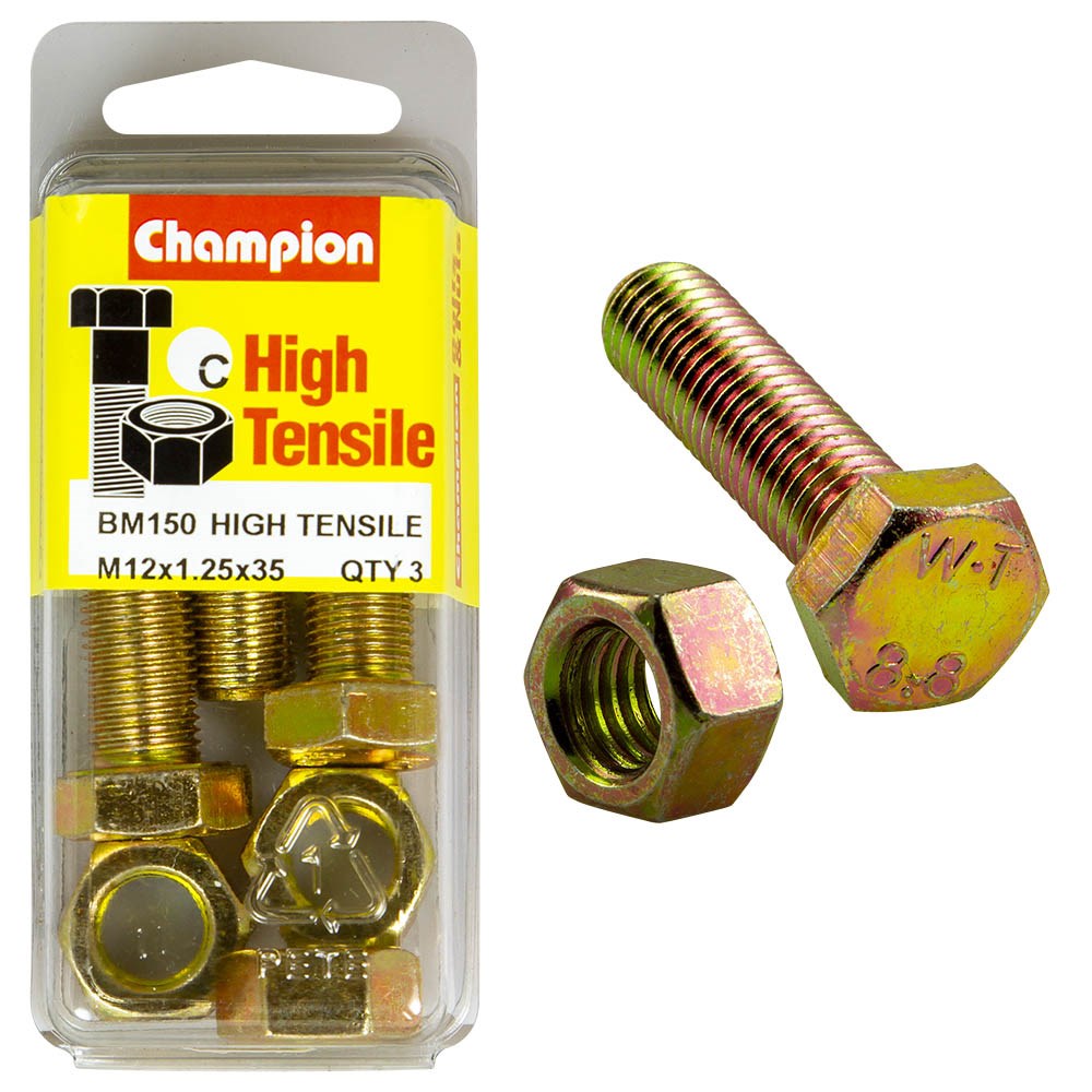 Champion Pack of 3 (3x Hex Set Screws, 3x Nuts) M12 x 35 x 1.25mm High Tensile Grade 8.8, Zinc Plated  - BM150