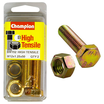 Champion Pack of 2 (2x Hex Set Screws, 2x Nuts) M12 x 50 x 1.25mm High Tensile Grade 8.8, Zinc Plated  - BM152