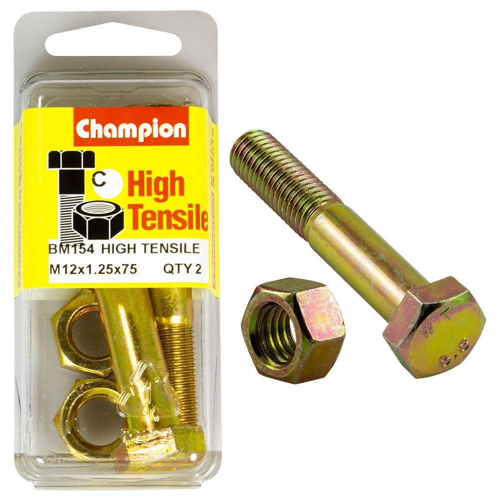 Champion Pack of 2 (2x Zinc Plated Hex Bolts, 2x Nuts) M12 x 75 x 1.25mm High Tensile Grade 8.8 - BM154