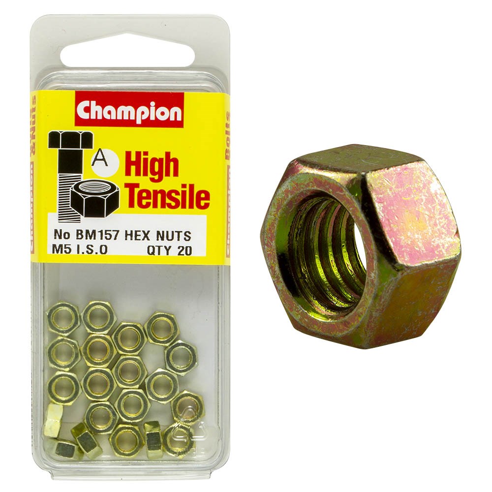 Champion Pack of 20 
 M5 x 0.8mm High Tensile Class 8, Zinc Plated Plain Hex Nuts - BM157