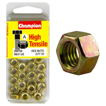 Champion Pack of 20 
 M6 x 1.00mm High Tensile Class 8, Zinc Plated Plain Hex Nuts - BM159