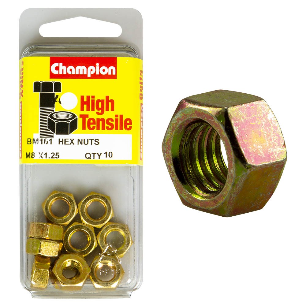 Champion Pack of 10 
 M8 x 1.25mm High Tensile Class 8, Zinc Plated Plain Hex Nuts - BM161