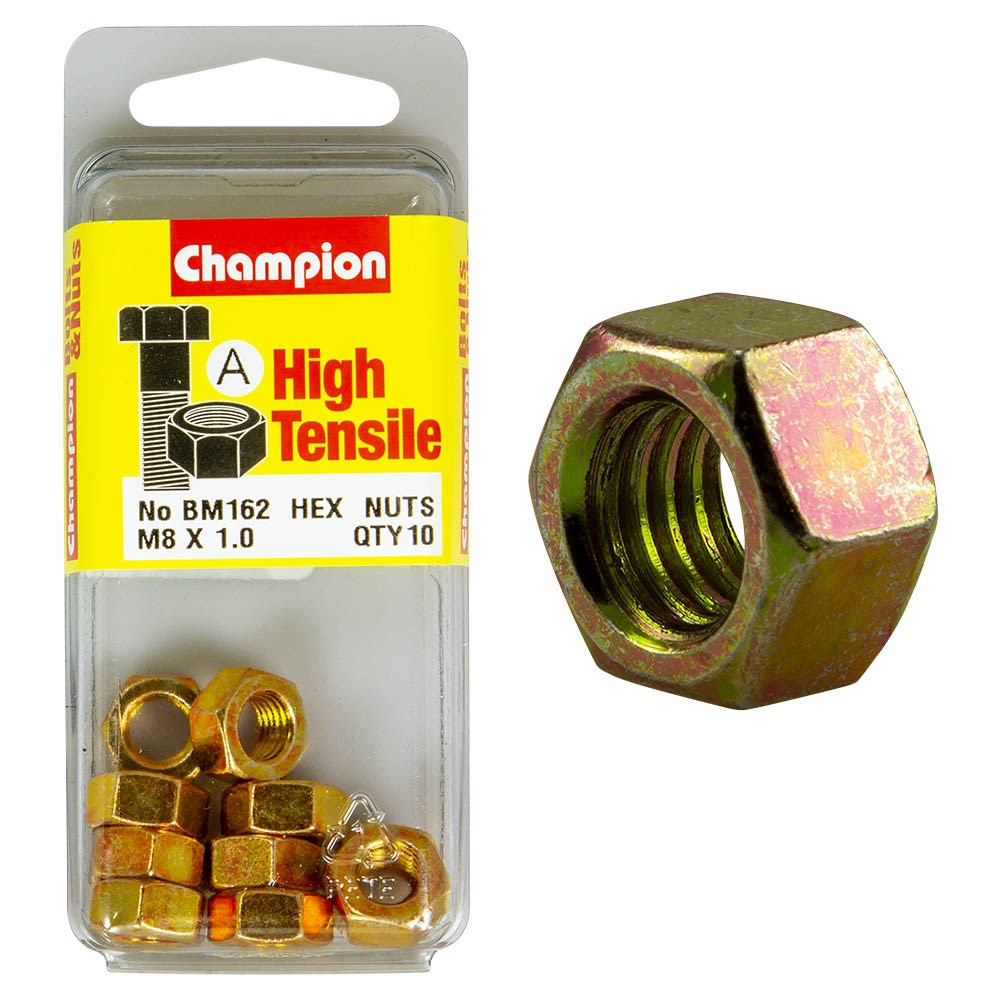 Champion Pack of 10 
 M8 x 1.00mm High Tensile Class 8, Zinc Plated Plain Hex Nuts - BM162