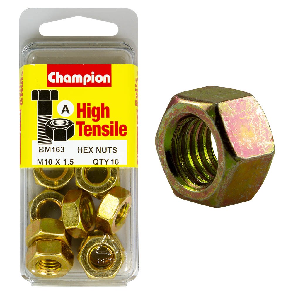 Champion Pack of 10 
 M10 x 1.5mm High Tensile Class 8, Zinc Plated Plain Hex Nuts - BM163