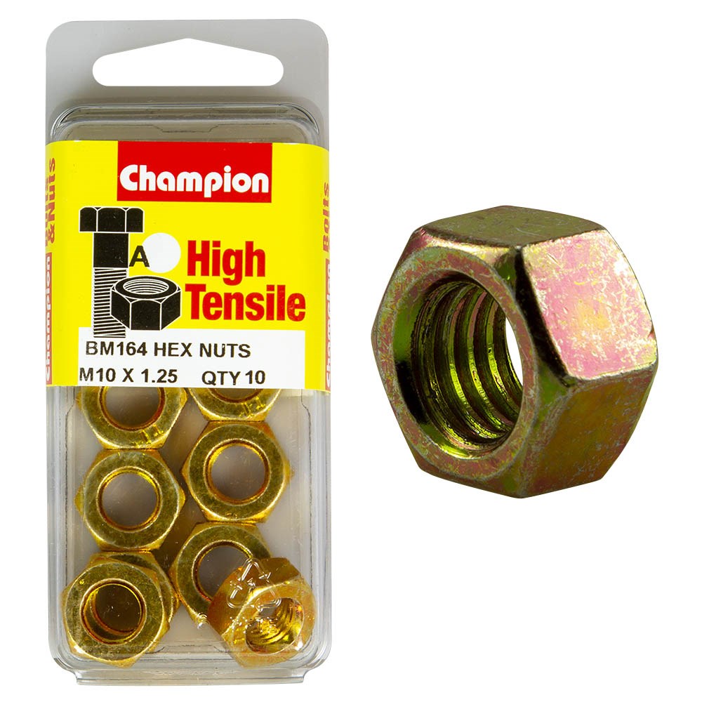 Champion Pack of 10 
 M10 x 1.25mm High Tensile Class 8, Zinc Plated Plain Hex Nuts - BM164