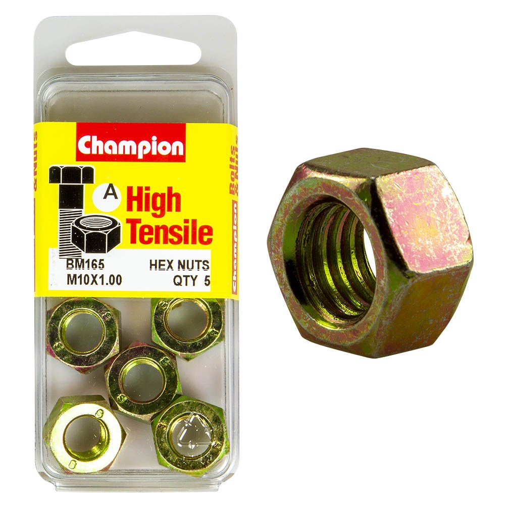 Champion Pack of 5 
 M10 x 1.00mm High Tensile Class 8, Zinc Plated Plain Hex Nuts - BM165