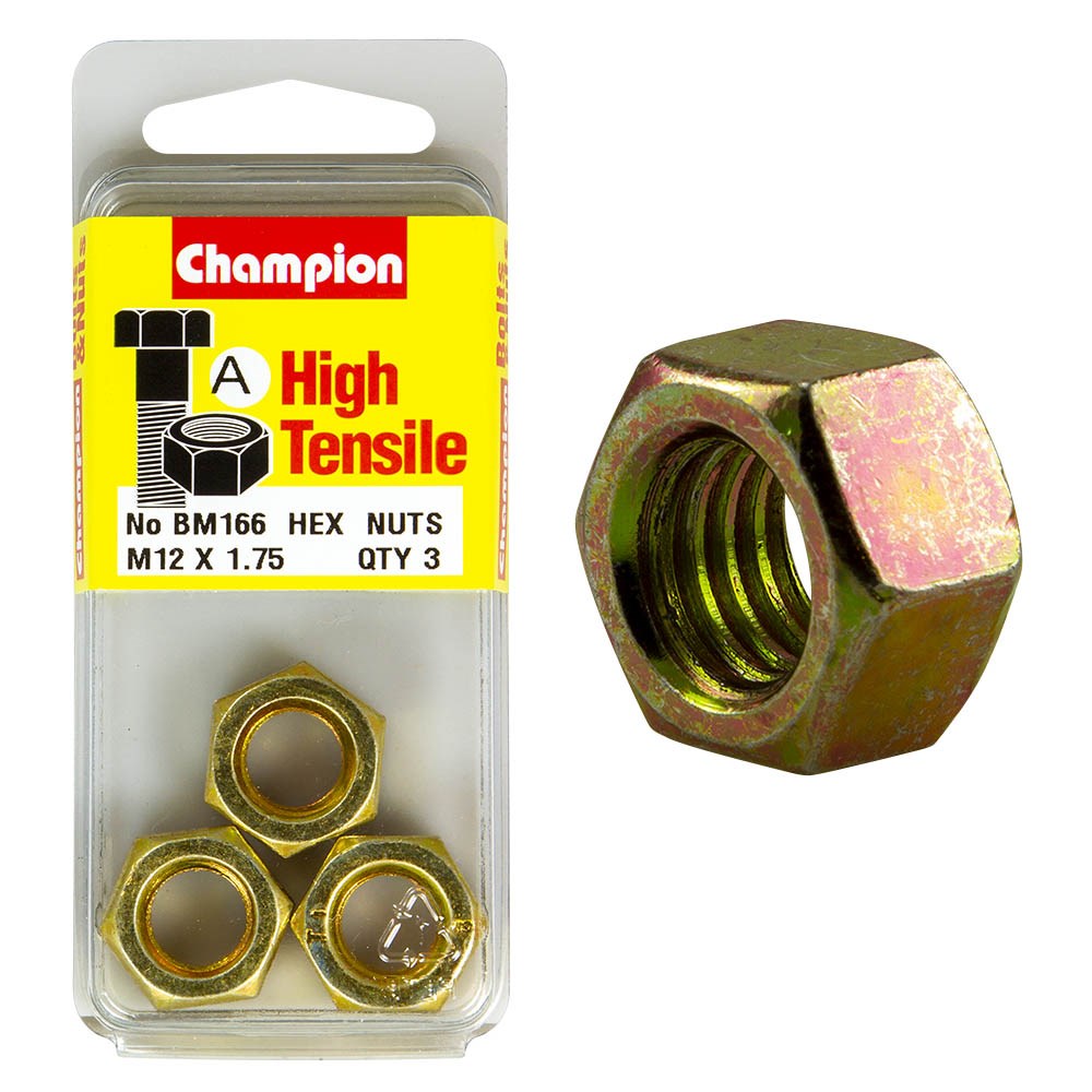 Champion Pack of 3 
 M12 x 1.75mm High Tensile Class 8, Zinc Plated Plain Hex Nuts - BM166