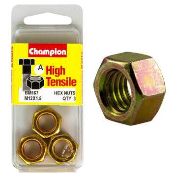 Champion Pack of 3 
 M12 x 1.5mm High Tensile Class 8, Zinc Plated Plain Hex Nuts - BM167