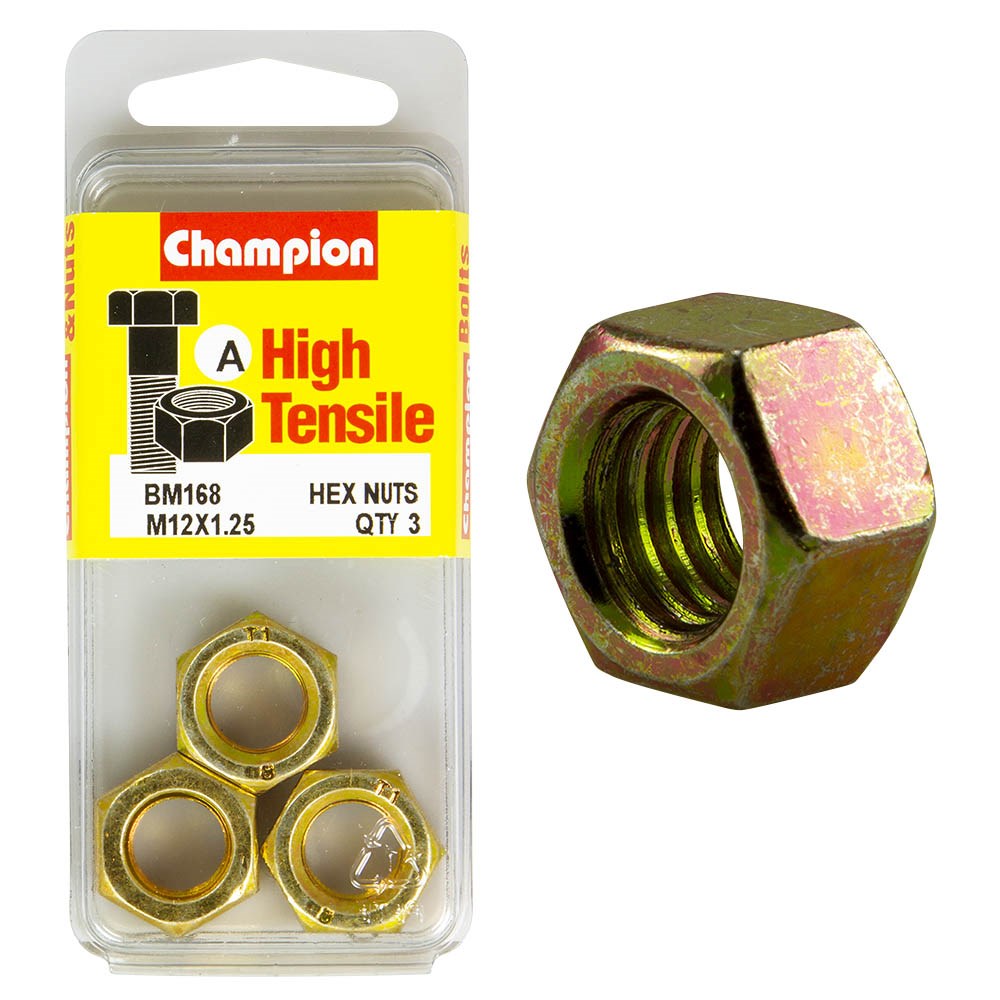 Champion Pack of 3 M12 x 1.25mm High Tensile Class 8, Zinc Plated Plain Hex Nuts - BM168