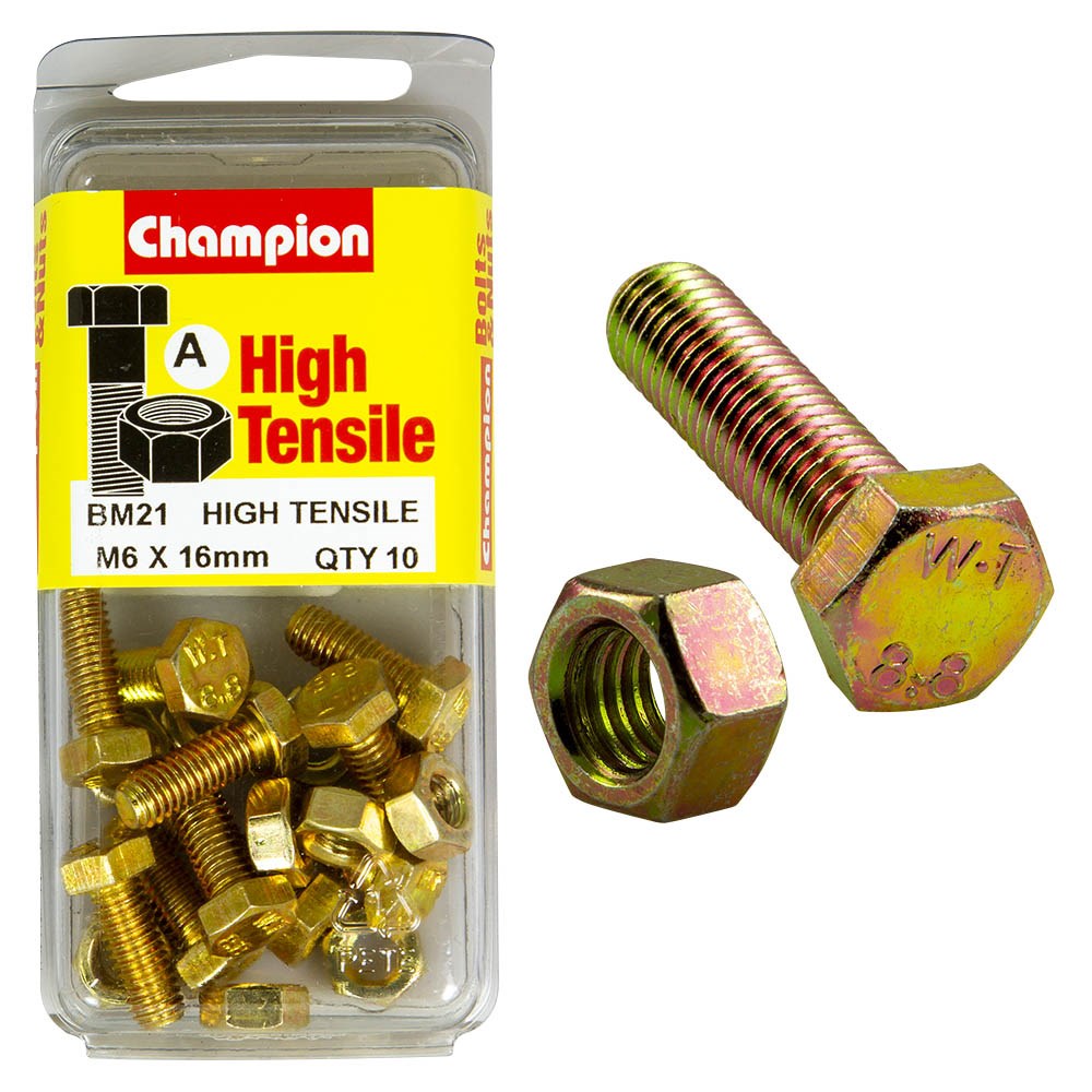 Champion Pack of 10 (10x Hex Set Screws, 10x Nuts) M6 x 16mm High Tensile Grade 8.8, Zinc Plated  - BM21