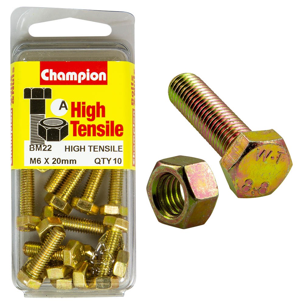 Champion Pack of 10 (10x Hex Set Screws, 10x Nuts) M6 x 20mm High Tensile Grade 8.8, Zinc Plated  - BM22