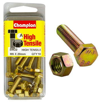 Champion Pack of 10 (10x Hex Set Screws, 10x Nuts) M6 x 20mm High Tensile Grade 8.8, Zinc Plated  - BM22