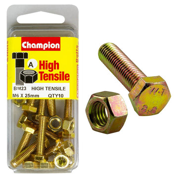 Champion Pack of 10 (10x Hex Set Screws, 10x Nuts) M6 x 25mm High Tensile Grade 8.8, Zinc Plated  - BM23