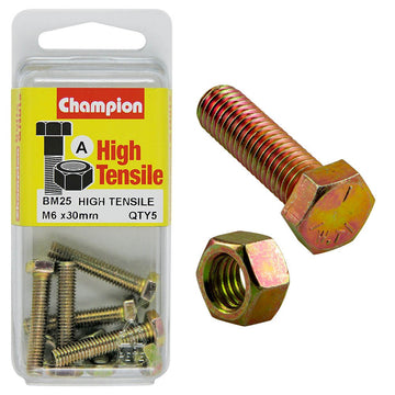 Champion Pack of 5 (5x Hex Set Screws, 5x Nuts) M6 x 30mm High Tensile Grade 8.8, Zinc Plated  - BM25