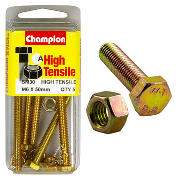 Champion Pack of 5 (5x Hex Set Screws, 5x Nuts) M6 x 50mm High Tensile Grade 8.8, Zinc Plated  - BM30