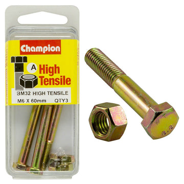 Champion Pack of 3 (3x Zinc Plated Hex Bolts, 3x Nuts) M6 x 60mm High Tensile Grade 8.8 - BM32