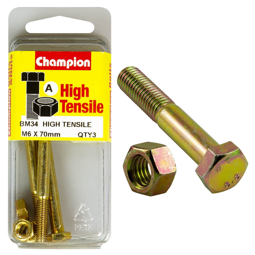 Champion Pack of 3 (3x Zinc Plated Hex Bolts, 3x Nuts) M6 x 70mm High Tensile Grade 8.8 - BM34