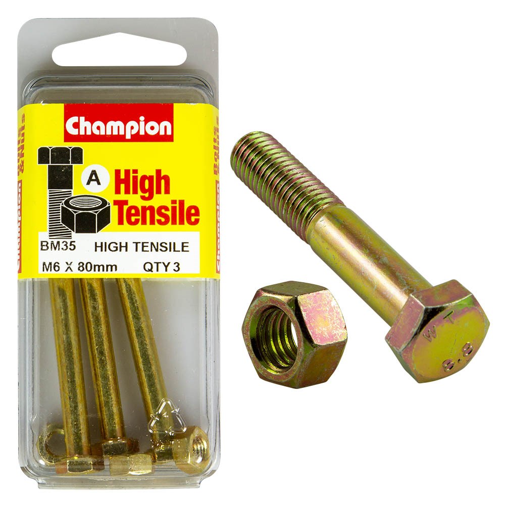 Champion Pack of 3 (3x Zinc Plated Hex Bolts, 3x Nuts) M6 x 80mm High Tensile Grade 8.8 - BM35