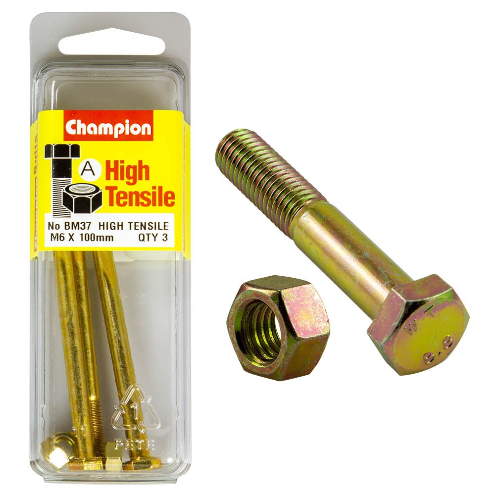 Champion Pack of 3 (3x Zinc Plated Hex Bolts, 3x Nuts) M6 x 100mm High Tensile Grade 8.8 - BM37