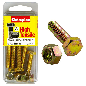 Champion Pack of 5 (5x Hex Set Screws, 5x Nuts) M7 x 35mm High Tensile Grade 8.8, Zinc Plated  - BM40