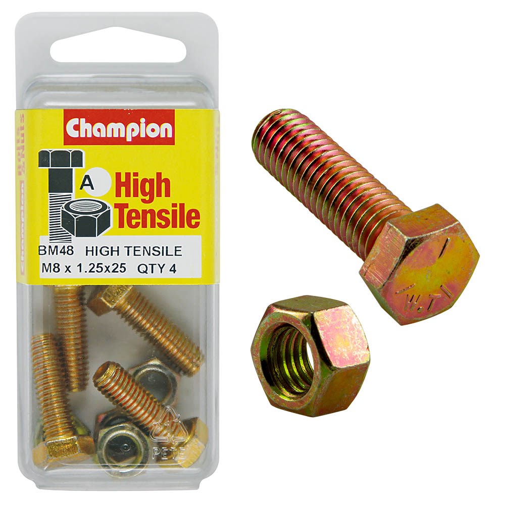 Champion Pack of 4 (4x Hex Set Screws, 4x Nuts) M8 x 25mm High Tensile Grade 8.8, Zinc Plated  - BM48