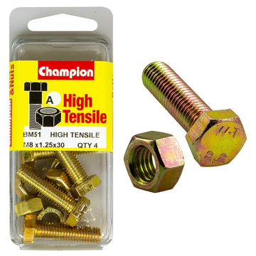 Champion Pack of 4 (4x Hex Set Screws, 4x Nuts) M8 x 30mm High Tensile Grade 8.8, Zinc Plated  - BM51