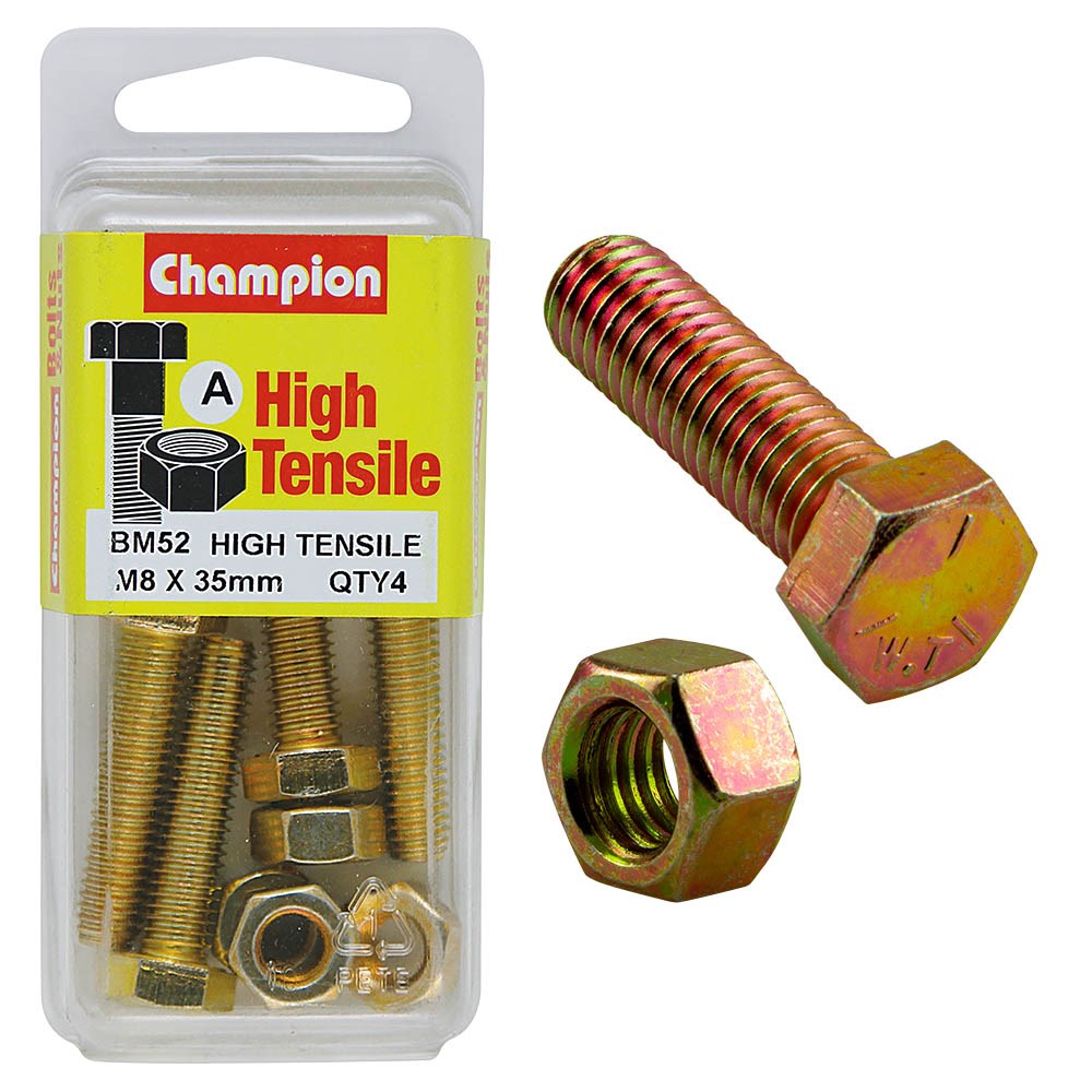 Champion Pack of 4 (4x Hex Set Screws, 4x Nuts) M8 x 35mm High Tensile Grade 8.8, Zinc Plated  - BM52