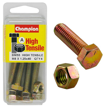 Champion Pack of 4 (4x Hex Set Screws, 4x Nuts) M8 x 40mm High Tensile Grade 8.8, Zinc Plated  - BM55