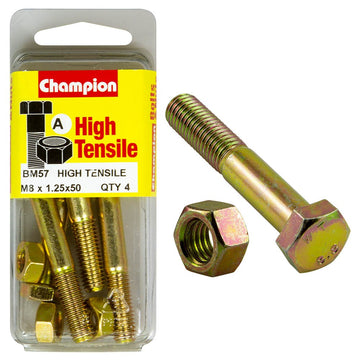 Champion Pack of 4 (4x Zinc Plated Hex Bolts, 4x Nuts) M8 x 50mm High Tensile Grade 8.8 - BM57