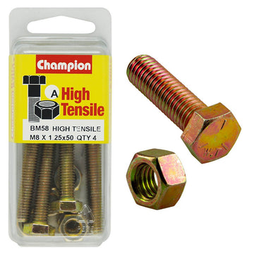 Champion Pack of 4 (4x Hex Set Screws, 4x Nuts) M8 x 50mm High Tensile Grade 8.8, Zinc Plated  - BM58