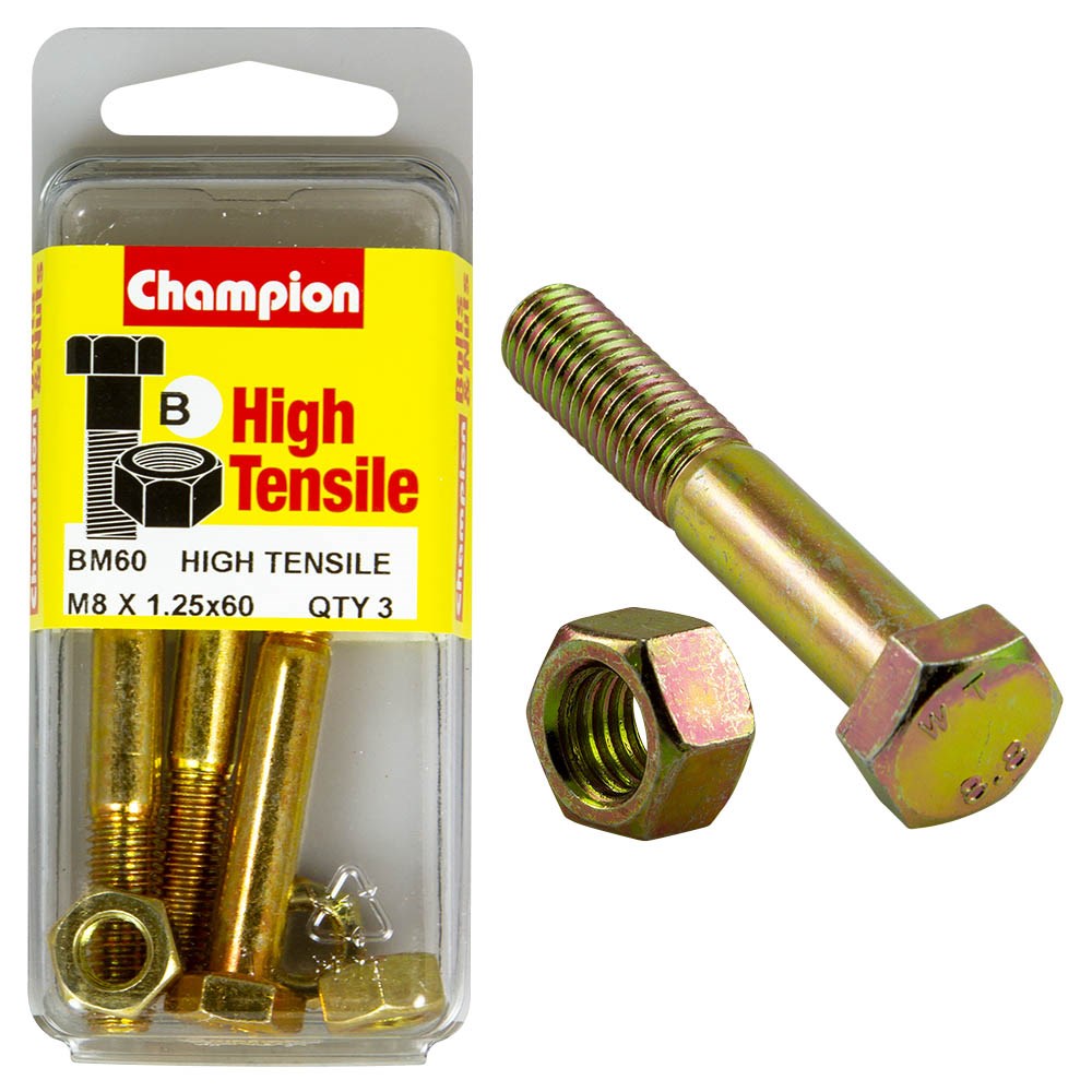 Champion Pack of 3 (3x Zinc Plated Hex Bolts, 3x Nuts) M8 x 60mm High Tensile Grade 8.8 - BM60