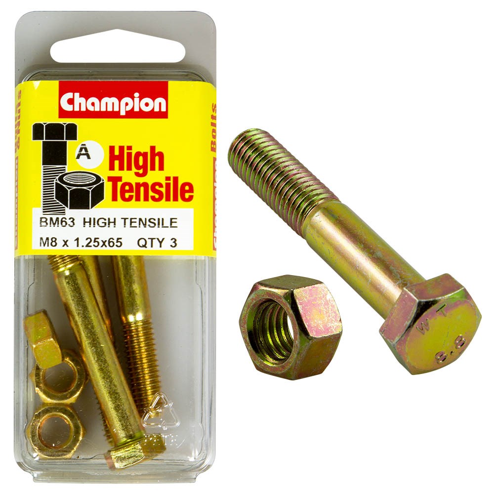 Champion Pack of 3 (3x Zinc Plated Hex Bolts, 3x Nuts) M8 x 65mm High Tensile Grade 8.8 - BM63