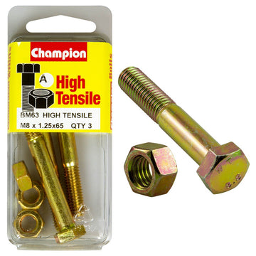 Champion Pack of 3 (3x Zinc Plated Hex Bolts, 3x Nuts) M8 x 65mm High Tensile Grade 8.8 - BM63