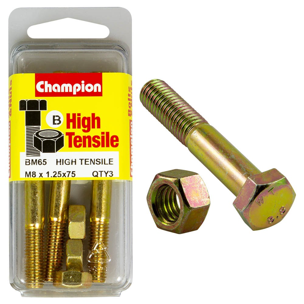 Champion Pack of 3 (3x Zinc Plated Hex Bolts, 3x Nuts) M8 x 75mm High Tensile Grade 8.8 - BM65