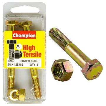 Champion Pack of 2 (2x Zinc Plated Hex Bolts, 2x Nuts) M8 x 80mm High Tensile Grade 8.8 - BM67