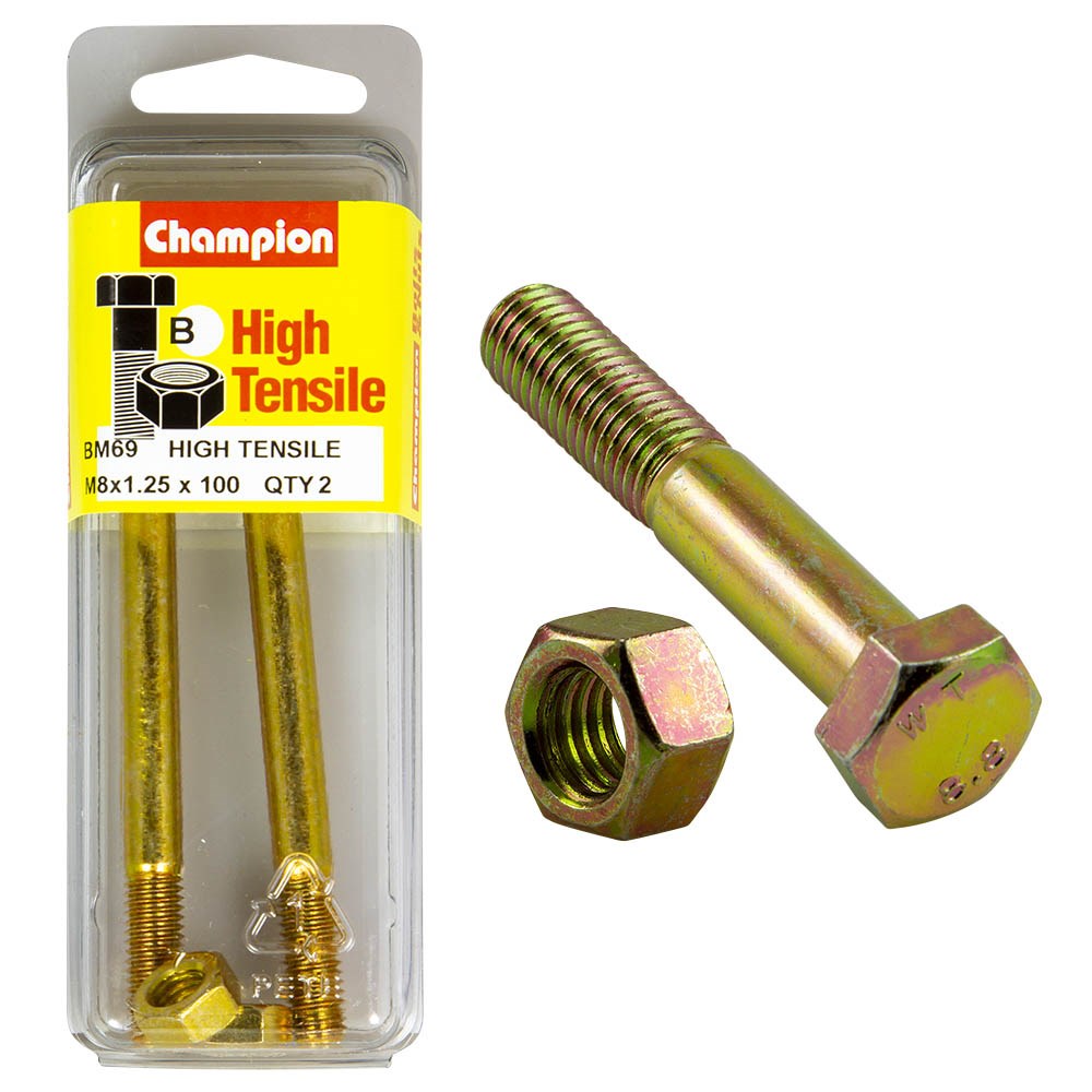 Champion Pack of 2 (2x Zinc Plated Hex Bolts, 2x Nuts) M8 x 100mm High Tensile Grade 8.8 - BM69